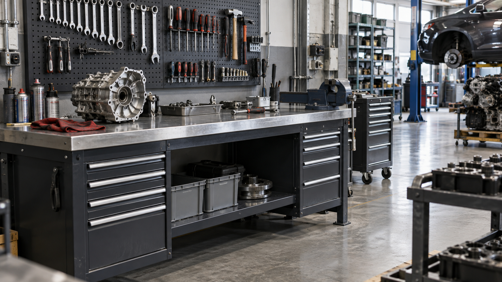 Metalinis darbastalis autoservisui su stalčiais, įrankių sienele ir mechaninėmis detalėmis